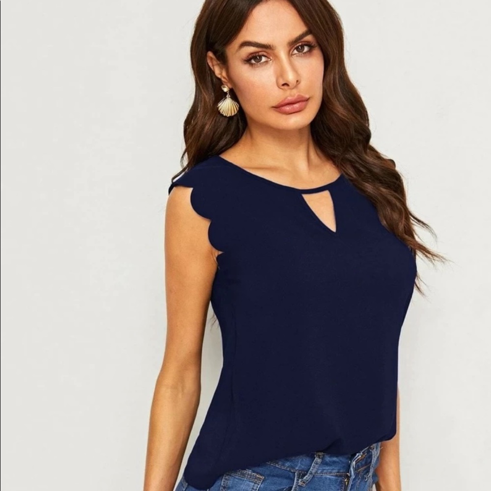 Scallop Trim Navy Blue Peekaboo Top
